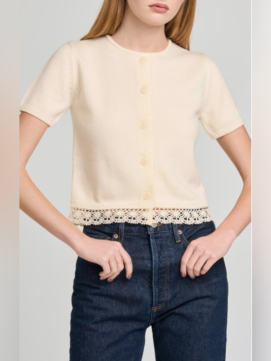 Wayf Sweaters - WAYF Carine Lace Trim Button Front Cardigan in Cream Juinor’s Size Small